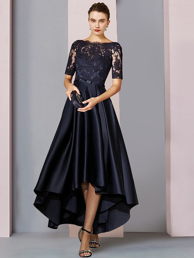 a-line high-low mother of the bride dress wedding guest dress cocktail dress scoop neck short sleeves satin lace elegant, supplier image 4