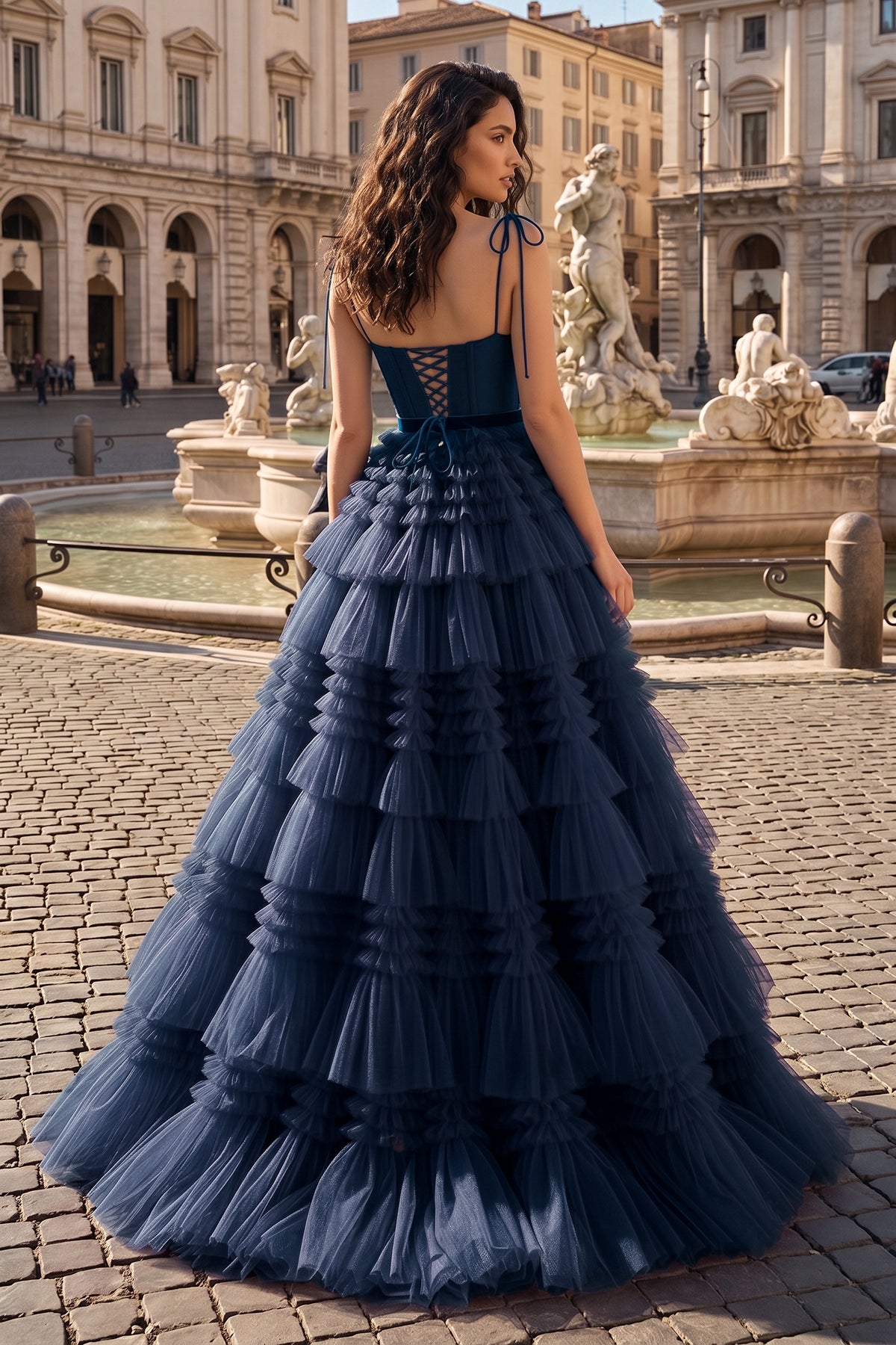 A Line Strapless Fuchsia Tiered Long Tulle Prom Dresses Evening Dresses, product image 8