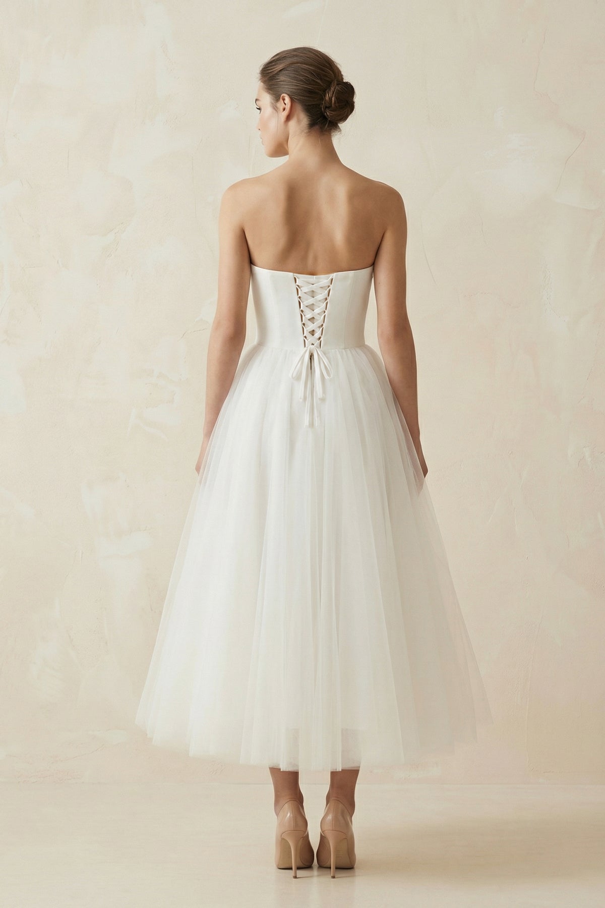 Strapless A Line Tulle Midi Wedding Dresses in White, product image 2