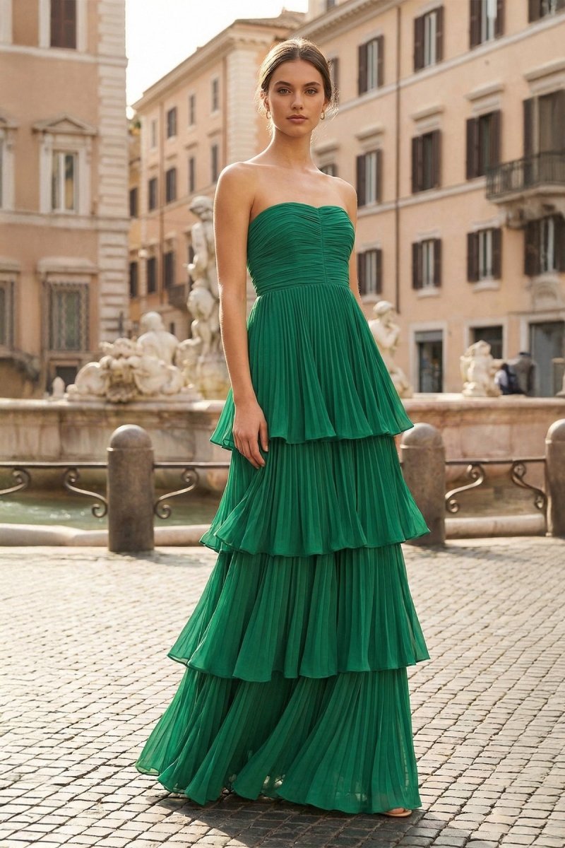 Strapless Emerald Green Ruffle Multi-Layer Long Prom Dresses Evening Dresses in Emerald, US2