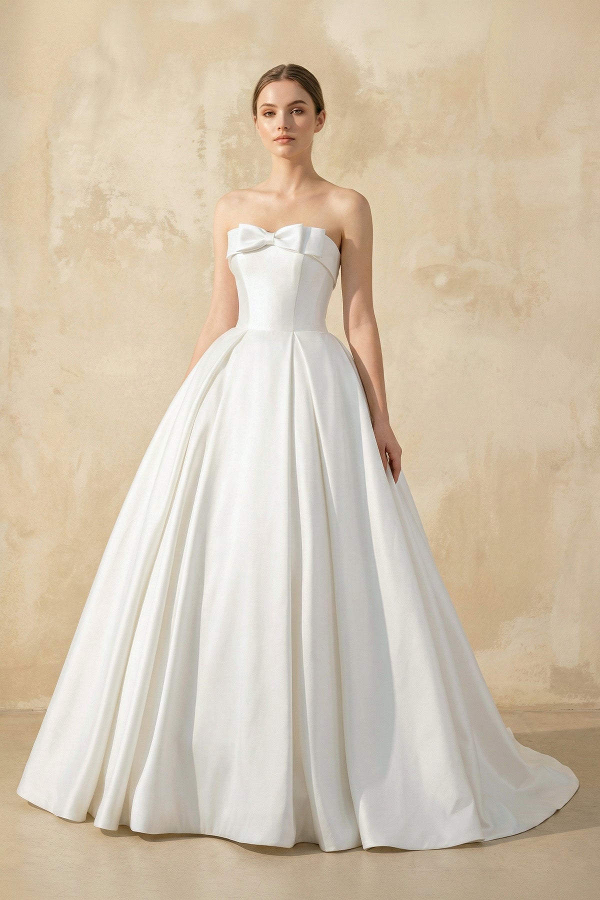 Strapless Satin Ball Gown With Bow in White Wedding Dresses, product image 1