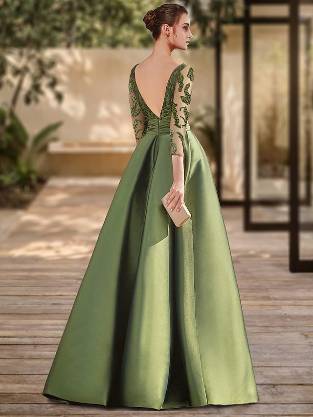 a-line floor-length mother of the bride dress wedding guest dress evening gown scoop neck 3/4 sleeves lace, supplier image 2