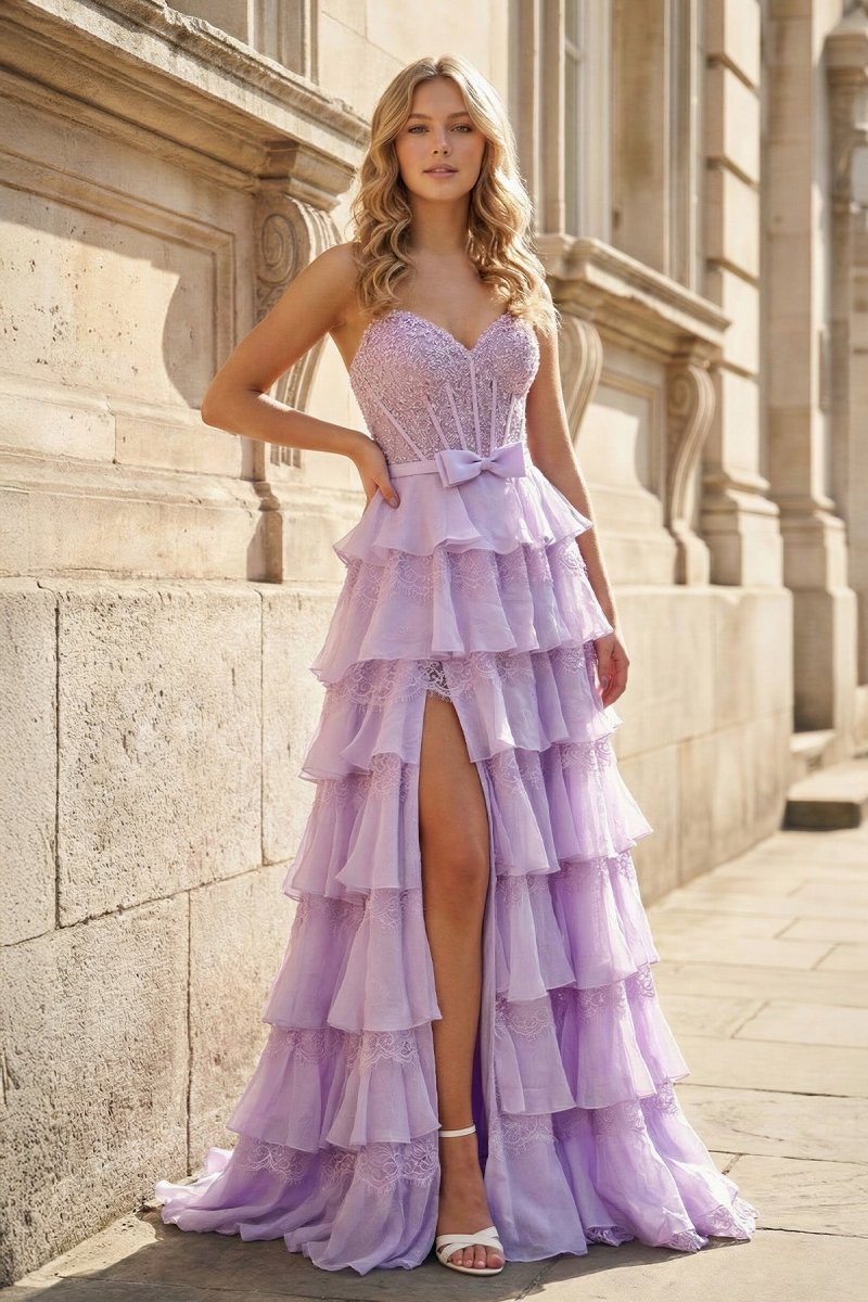 Lavender - Sweetheart A Line Chiffon Tiered Prom Dresses With Bow Evening Dresses, product image 1