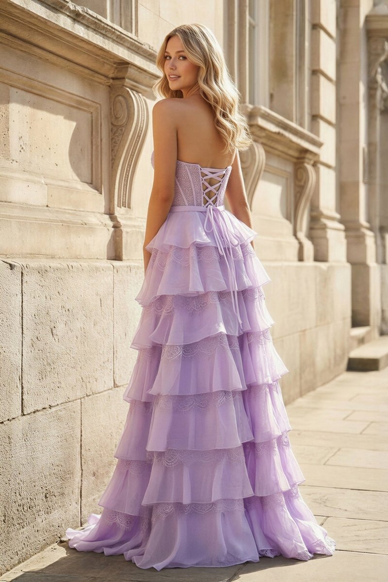 Lavender - Sweetheart A Line Chiffon Tiered Prom Dresses With Bow Evening Dresses, product image 2