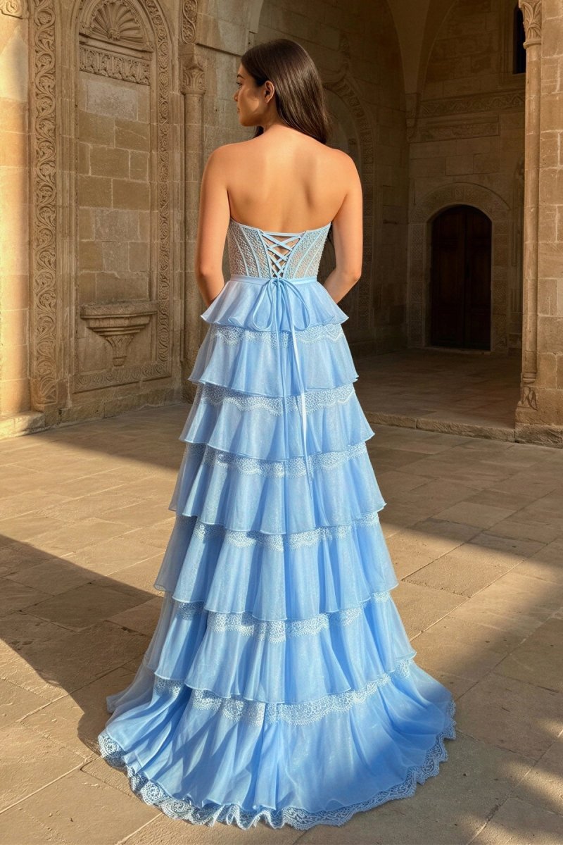 Sky Blue - Sweetheart A Line Chiffon Tiered Prom Dresses With Bow Evening Dresses, product image 2