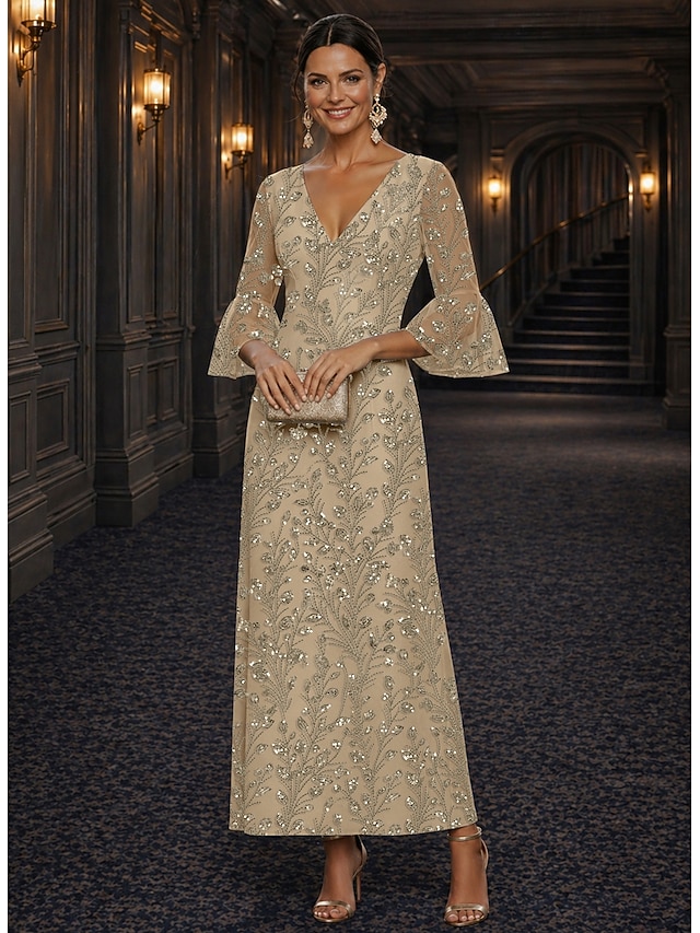 a-line floor length ankle length mother of the bride dresses cocktail dresses long sleeve v neck elegant luxurious sparkle & shine lace with beading, supplier image 1