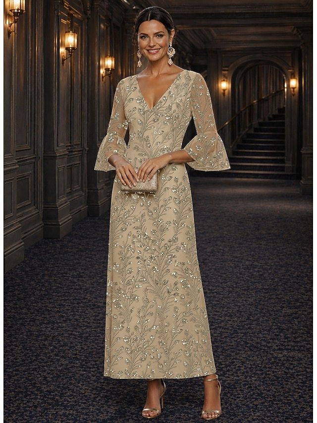 a-line floor length ankle length mother of the bride dresses cocktail dresses long sleeve v neck elegant luxurious sparkle & shine lace with beading in Champagne, US4