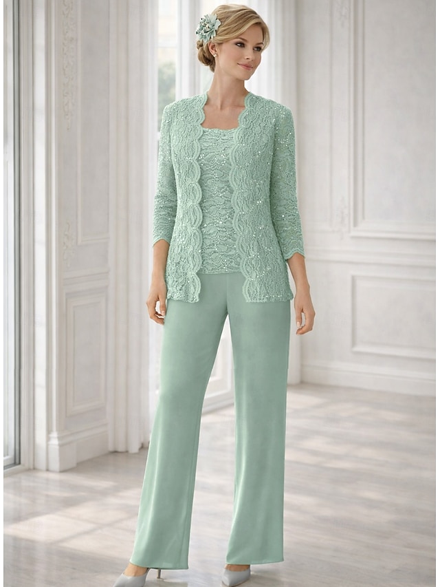 pantsuit mother of the bride dresses floor length with solid color 3/4 length sleeve square neck, supplier image 1