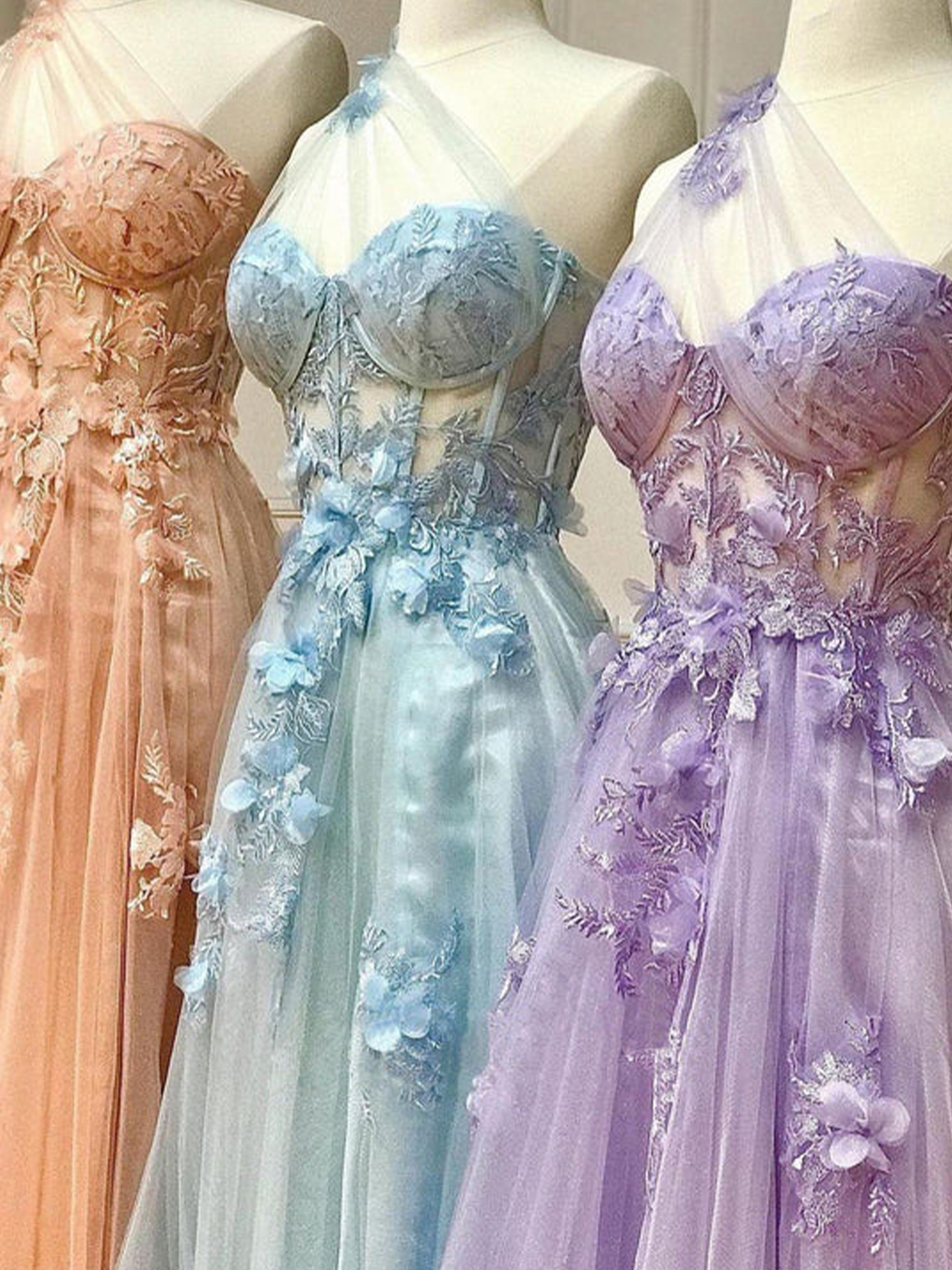 A Line Tulle One Shoulder Long Sleeveless with Appliques Prom Dress