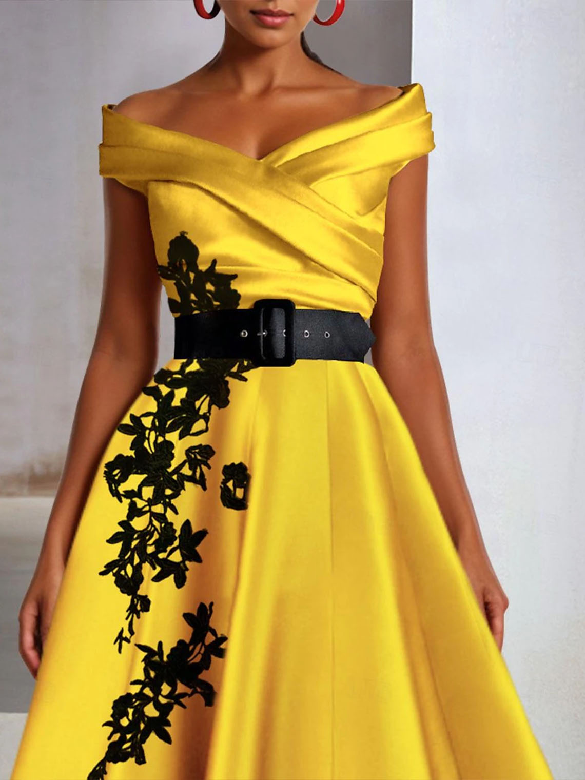 A-Line Satin Off Shoulder Floor Length with Appliques Evening Dress 