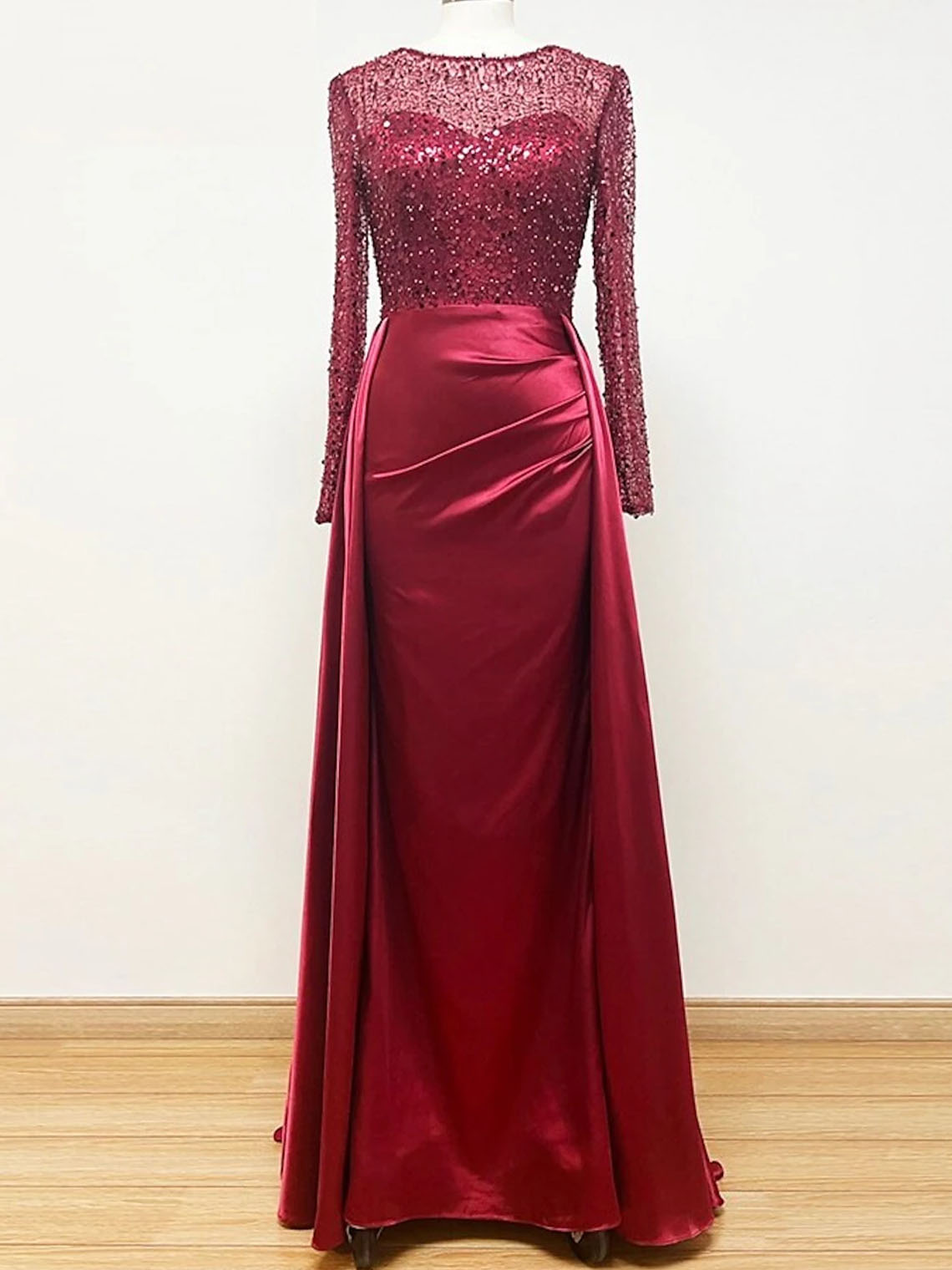 Mermaid Sequin Satin Long Sleeves with Pearls Long Evening Dress