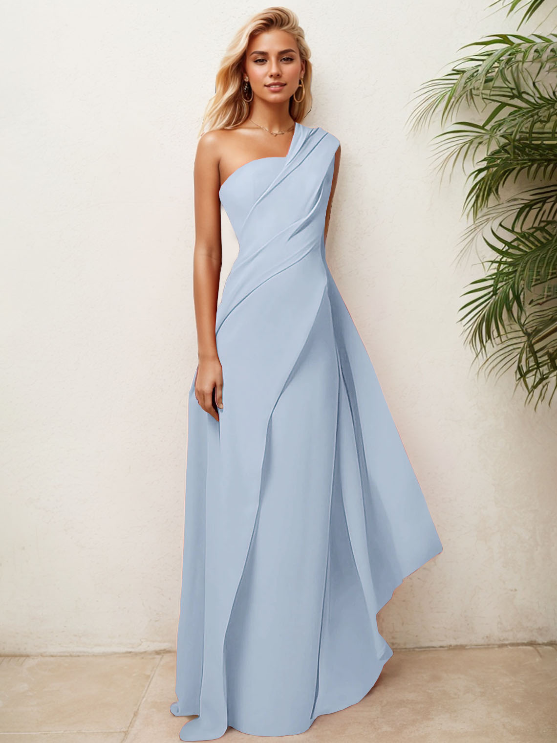 Sheath Chiffon One Shoulder Sleeveless with Pleats Evening Dress