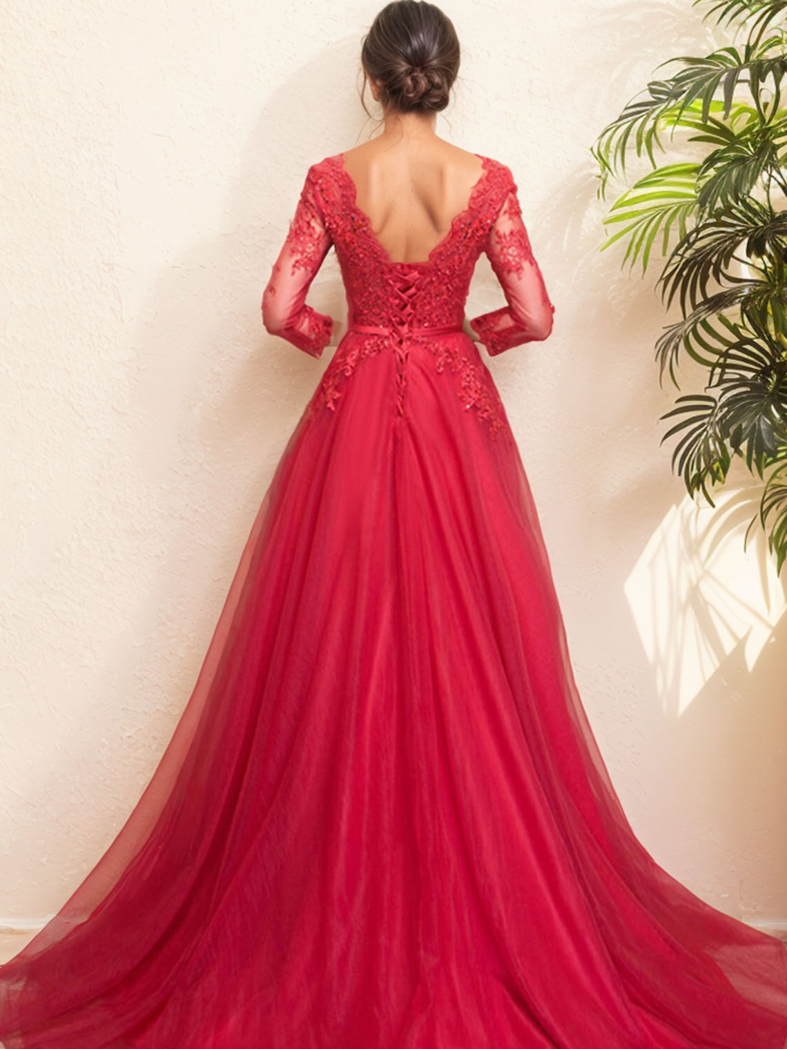 A-Line Tulle Illusion Neck Appliques with Beading Evening Dress