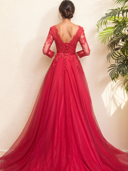 Dress A-Line Tulle Illusion Neck Appliques with Beading Evening Dress