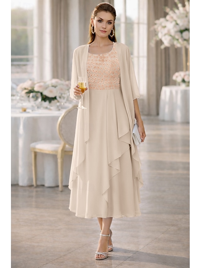 two piece a-line mother of the bride dresses wedding guest dresses tea length chiffon half sleeve, supplier image 7