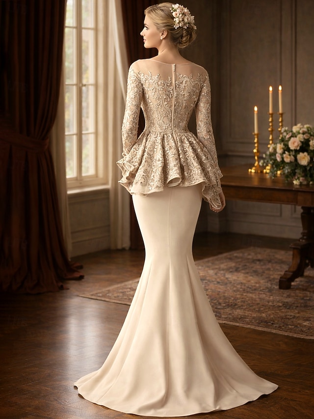 mermaid floor-length mother of the bride dress wedding guest dress evening gown scoop neck long sleeves lace stretch fabric elegant, supplier image 2