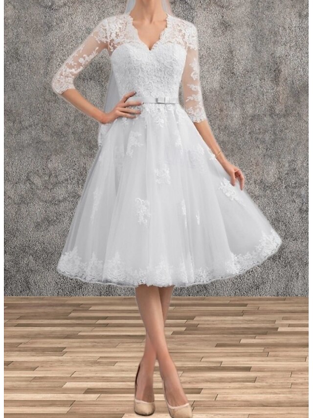 a-line tea-length little white dress wedding dress v-neck 3/4 sleeves satin tulle, supplier image 6