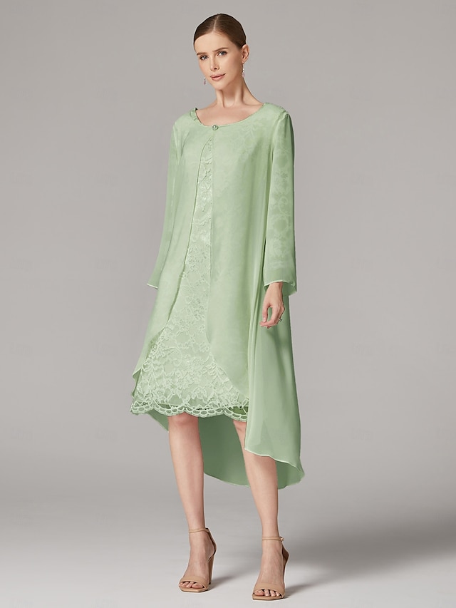 two piece a-line mother of the bride dresses wedding guest dresses tea length chiffon lace elegant, supplier image 15