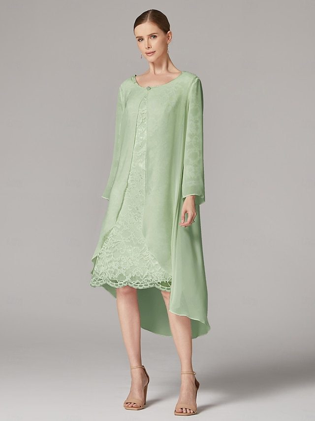 two piece a-line mother of the bride dresses wedding guest dresses tea length chiffon lace elegant, supplier image 15