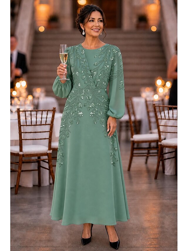 a-line ankle length mother of the bride dresses long sleeve scoop neck elegant vintage luxurious chiffon, supplier image 1