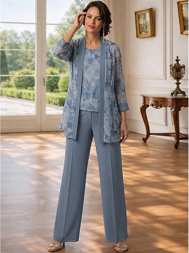 3 Piece Jumpsuit Pantsuit Mother of the Bride Dresses Floor Length Chiffon Jacquard Sleeveless