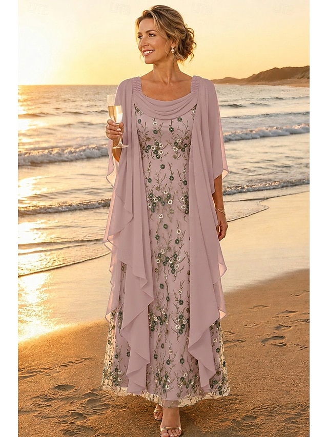 a-line mother of the bride dresses ankle length chiffon lace with beading 3/4 length sleeve elegant, supplier image 1