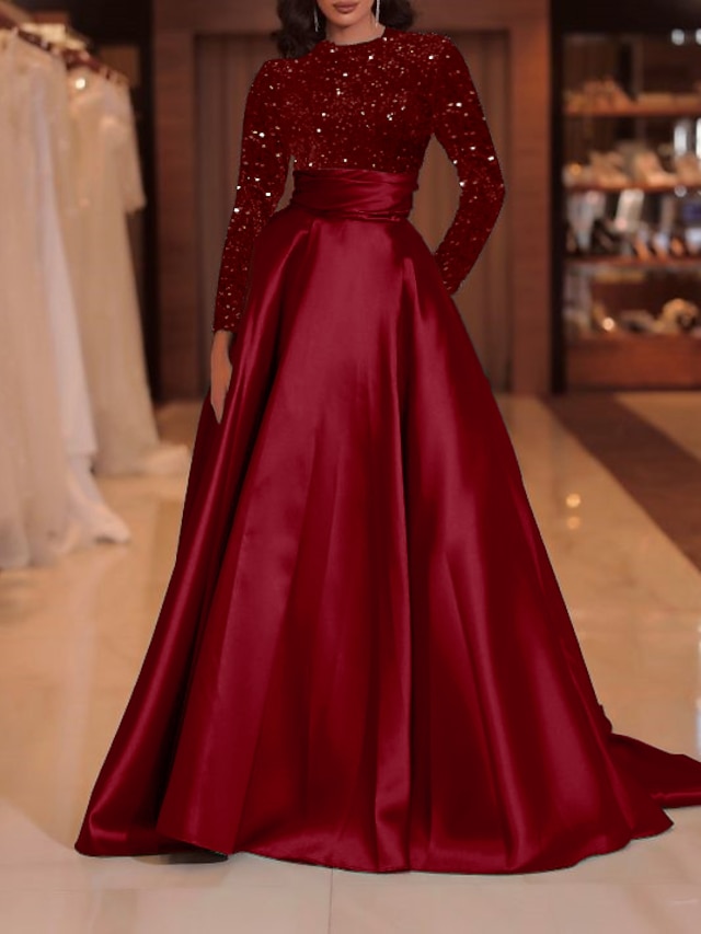a-line floor-length wedding guest dress evening gown high neck long sleeves satin elegant, supplier image 15