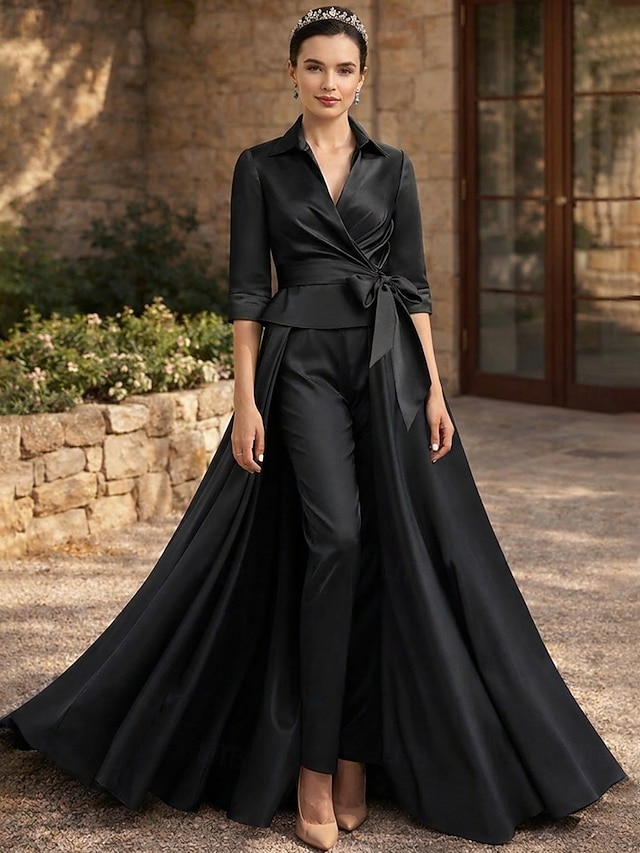 two piece jumpsuit pantsuit mother of the bride dresses ankle length satin with bow(s) half sleeve, supplier image 7
