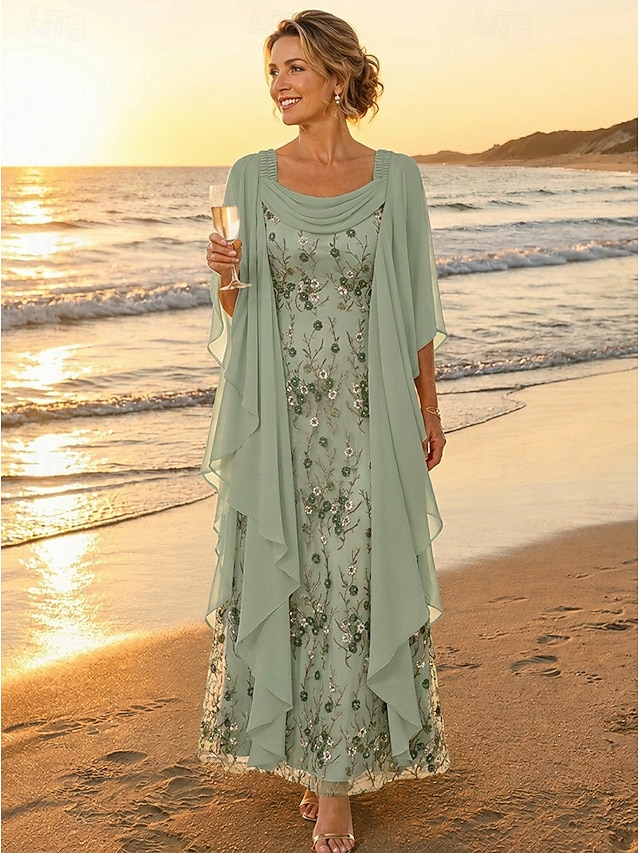 a-line mother of the bride dresses ankle length chiffon lace with beading 3/4 length sleeve elegant, supplier image 7