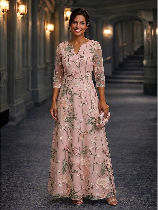 a-line mother of the bride dresses floor length lace with embroidery 3/4 length sleeve v neck simple, supplier image 1