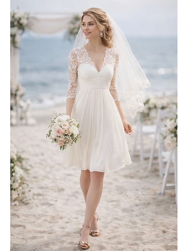 a-line knee-length little white dress wedding dress v-neck 3/4 sleeves chiffon lace, supplier image 1