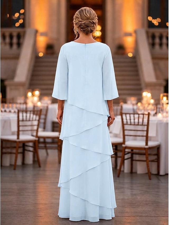 sheath column floor length mother of the bride dresses wedding guest dresses formal dresses evening gown 3/4 length sleeve crew neck elegant chiffon, supplier image 2