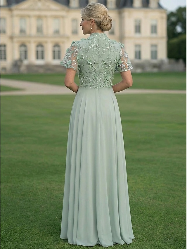 a-line mother of the bride dresses floor length chiffon lace with 3d flowers short sleeve v neck, supplier image 3