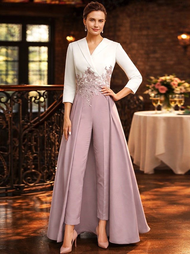 two piece jumpsuit pantsuit mother of the bride dresses ankle length lace with appliques v neck, supplier image 1