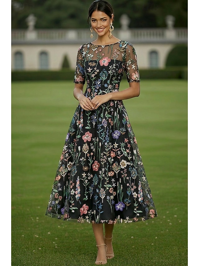 a-line tea length mother of the bride dresses wedding guest dresses cocktail dresses half sleeve crew neck elegant casual chiffon tulle, supplier image 13