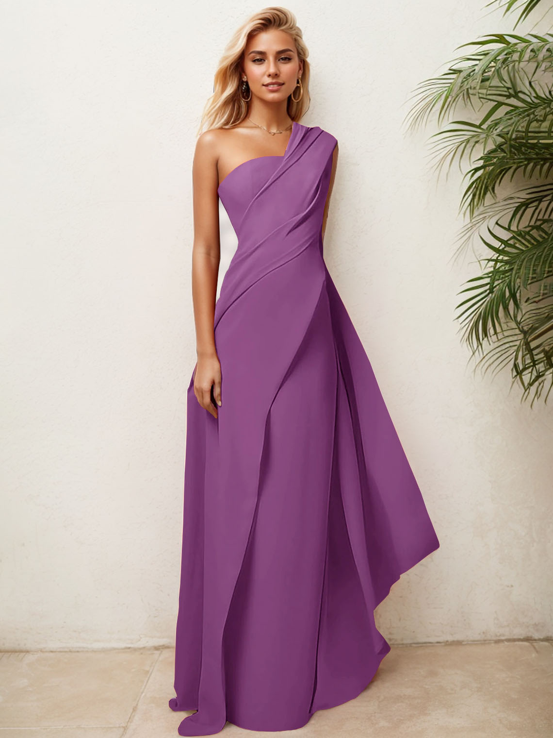 Sheath Chiffon One Shoulder Sleeveless with Pleats Evening Dress