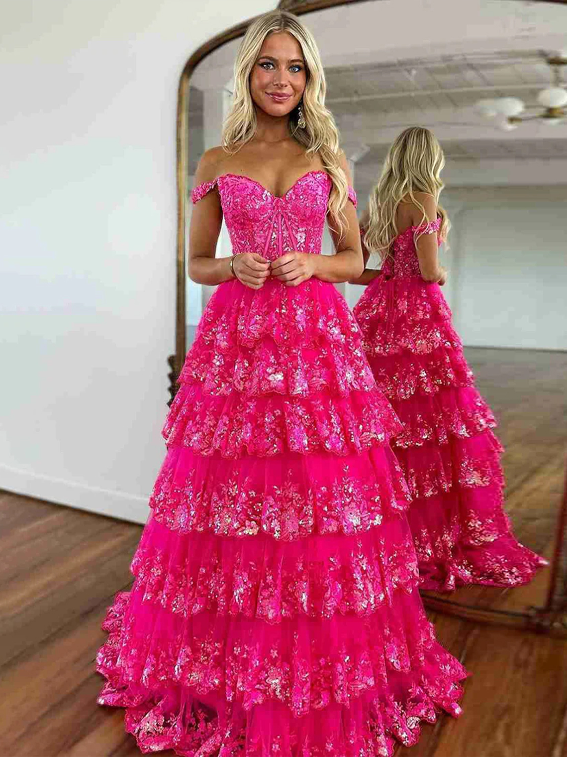 A Line Off the Shoulder with Appliques Long Prom Dress