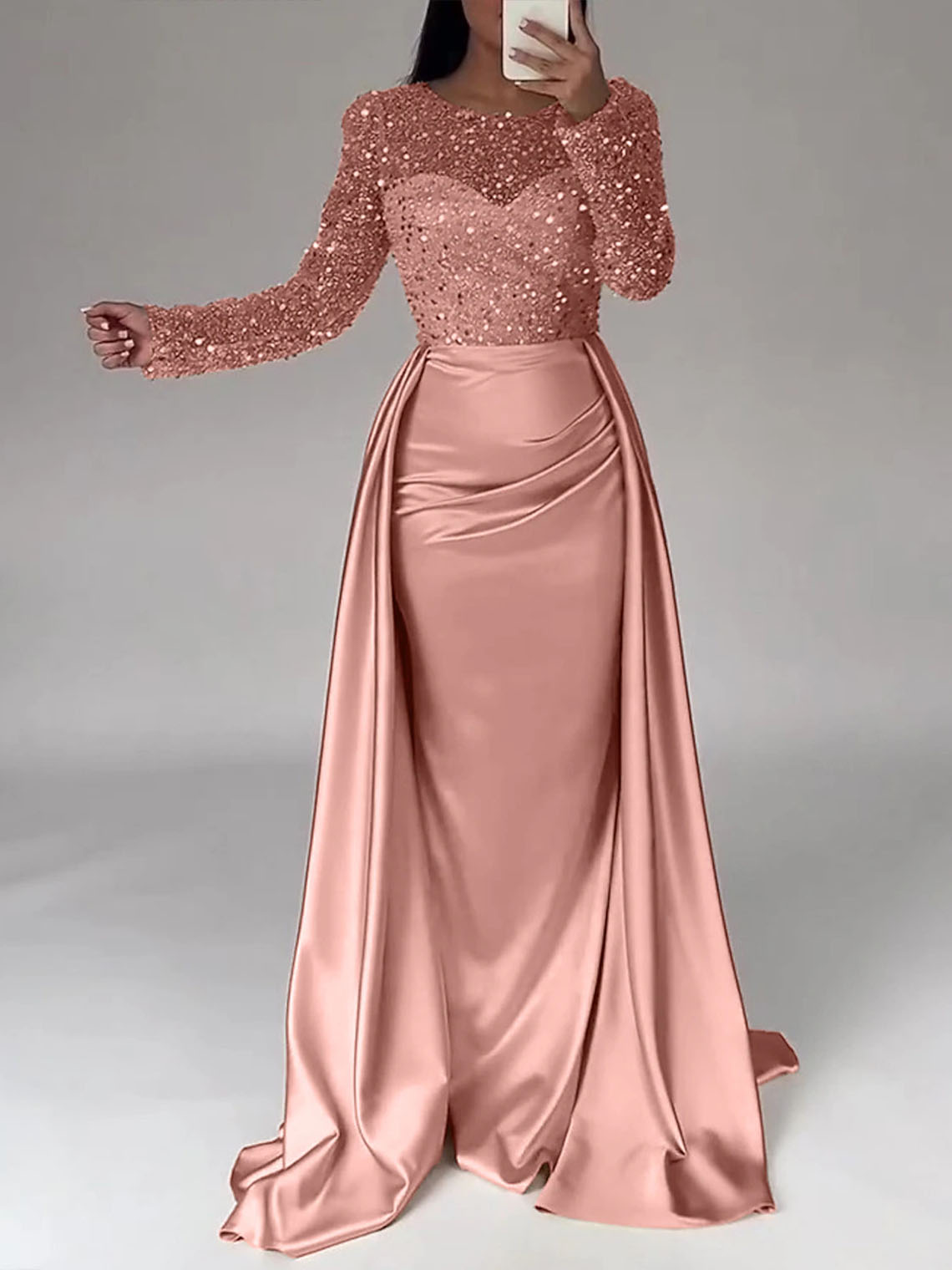 Mermaid Sequin Satin Long Sleeves with Pearls Long Evening Dress