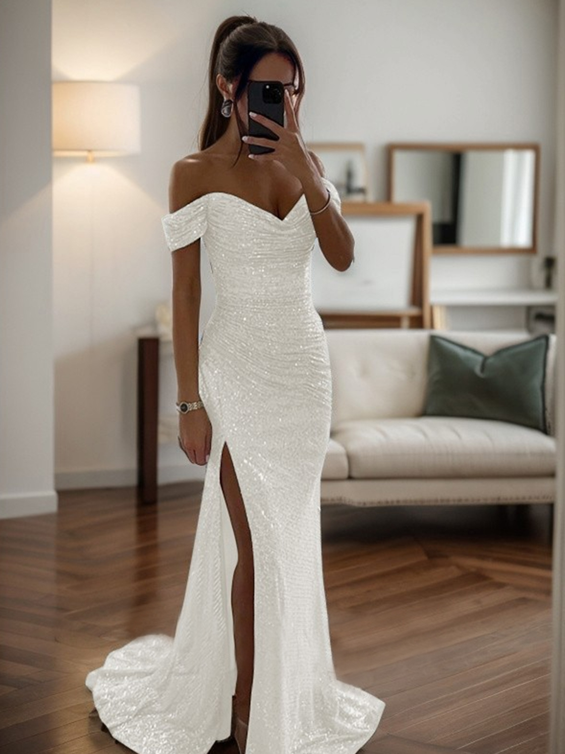 Mermaid Off-the-Shoulde Ruched Sleeveless Sweep Train Prom Dress