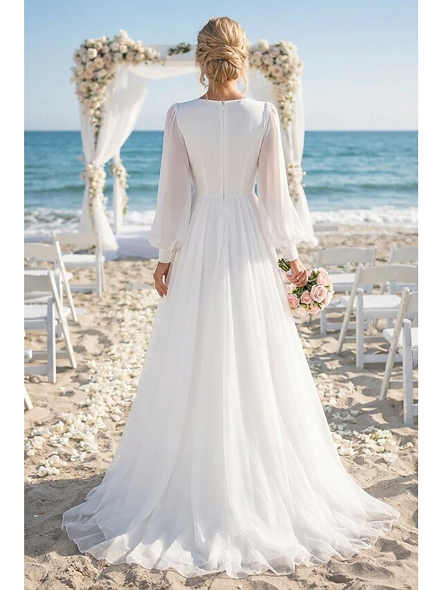 a-line little white dress wedding dress v-neck long sleeves chiffon, supplier image 2