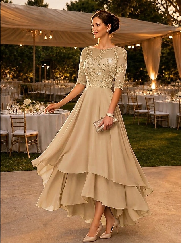 a-line mother of the bride dresses floor length chiffon lace with sequin half sleeve crew neck, supplier image 1