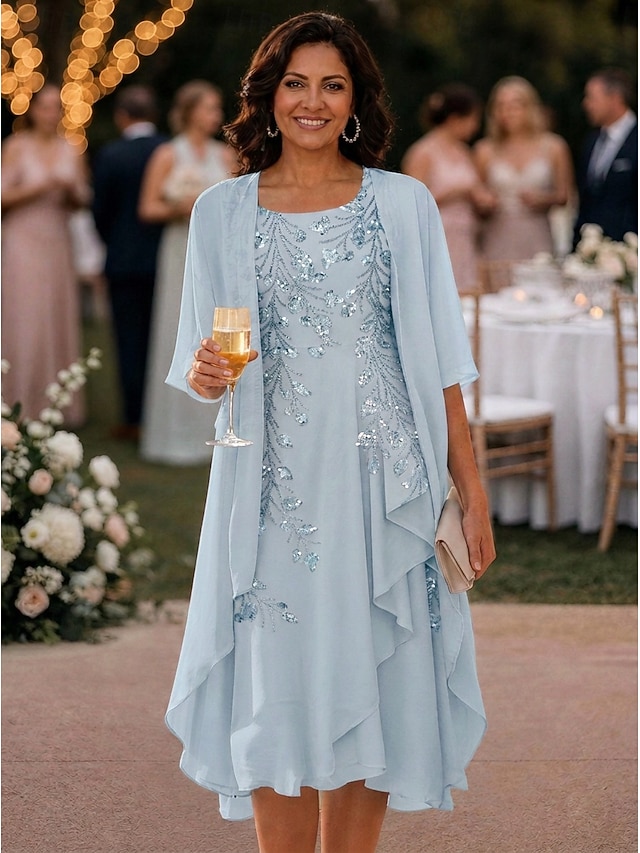 two piece a-line knee length mother of the bride dresses 3/4 length sleeve scoop neck elegant simple chiffon, supplier image 8