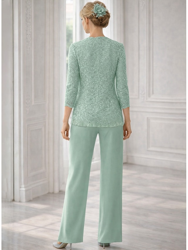 pantsuit mother of the bride dresses floor length with solid color 3/4 length sleeve square neck, supplier image 2