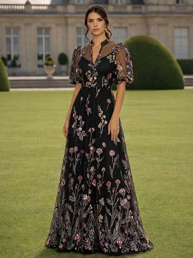 a-line mother of the bride dresses cocktail dresses party dresses floor length chiffon tulle v neck in Black, US2