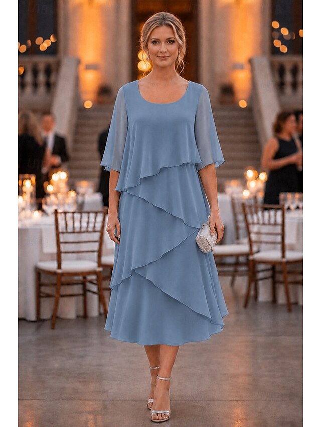 a-line ankle length tea length mother of the bride dresses wedding guest dresses cocktail dresses party dresses half sleeve short sleeve scoop neck, supplier image 12