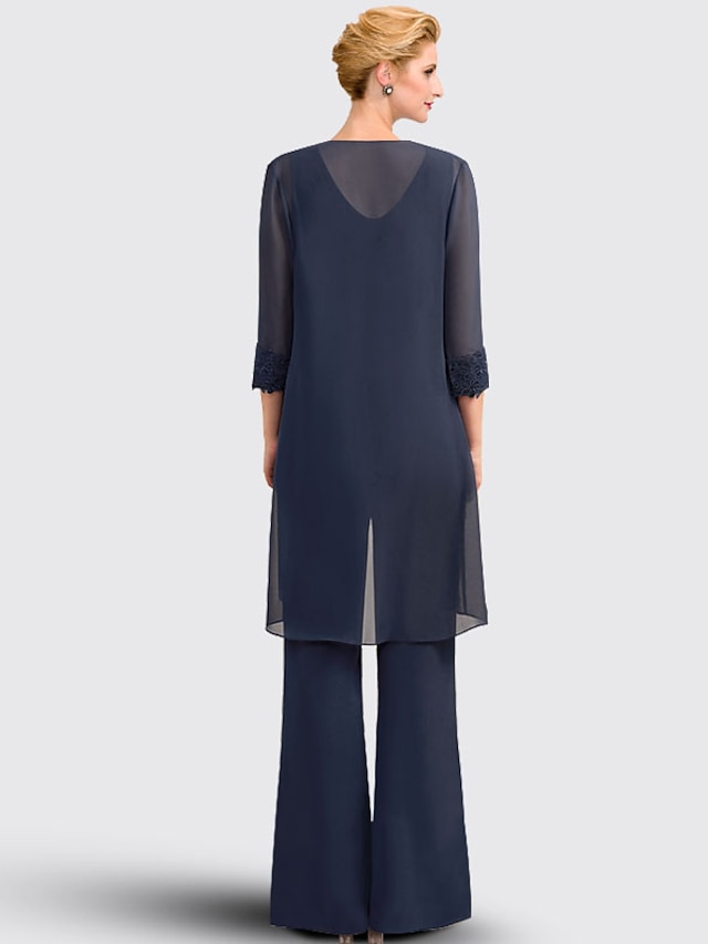 3 piece jumpsuit pantsuit floor-length mother of the bride dress wedding guest dress formal dress jewel neck sleeveless chiffon lace elegant, supplier image 5