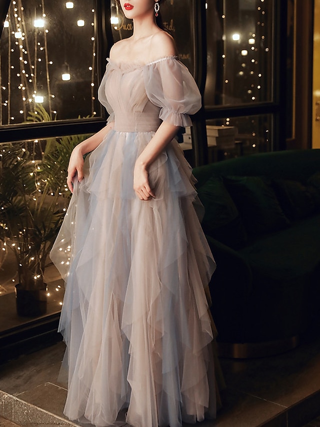 a-line floor-length wedding guest dress prom dress scoop neck half sleeves tulle, supplier image 9