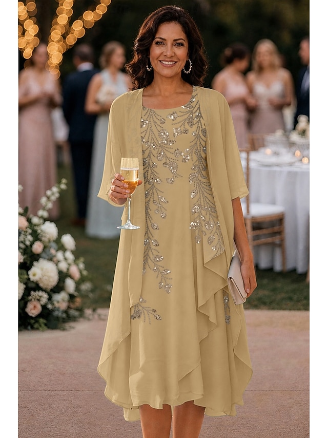 two piece a-line knee length mother of the bride dresses 3/4 length sleeve scoop neck elegant simple chiffon, supplier image 1