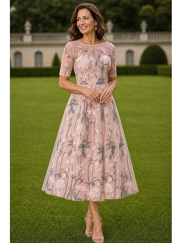 a-line mother of the bride dresses tea length lace with embroidery half sleeve crew neck elegant, supplier image 1