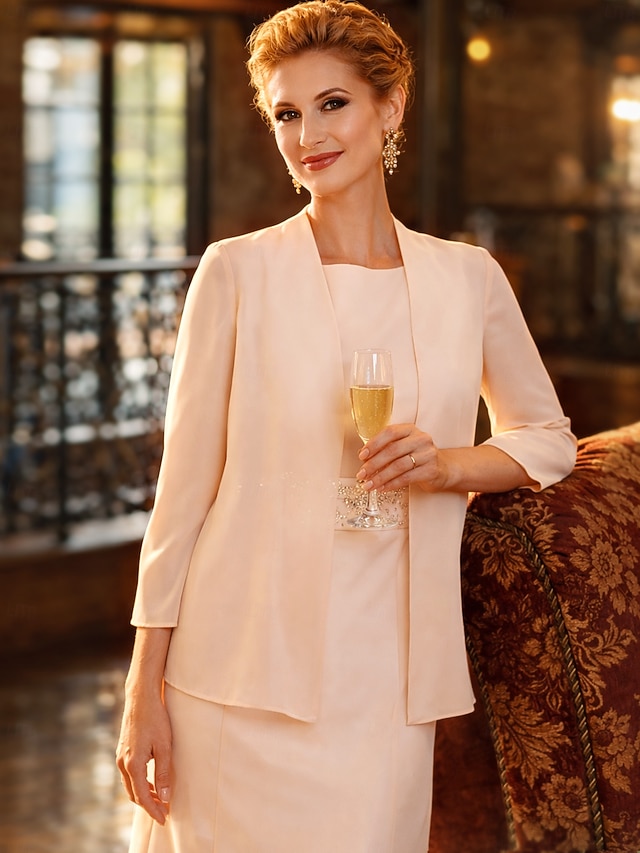 two piece sheath column tea length mother of the bride dresses wedding guest dresses sleeveless jewel neck elegant plus size chiffon, supplier image 3